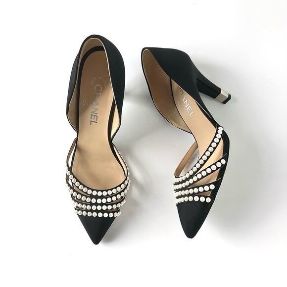 Chanel CC Pearl Embellished Grosgrain Black Pointed Toe D’Orsay Pumps 38.5 - Picture 1 of 9